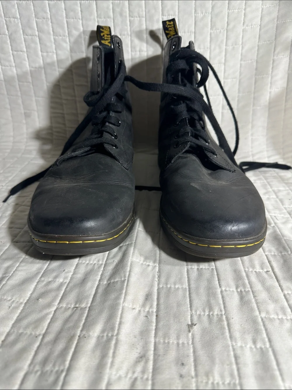 Dr. Martens Tobias Black Leather Lace-Up Men’s Boots with Yellow Stitching